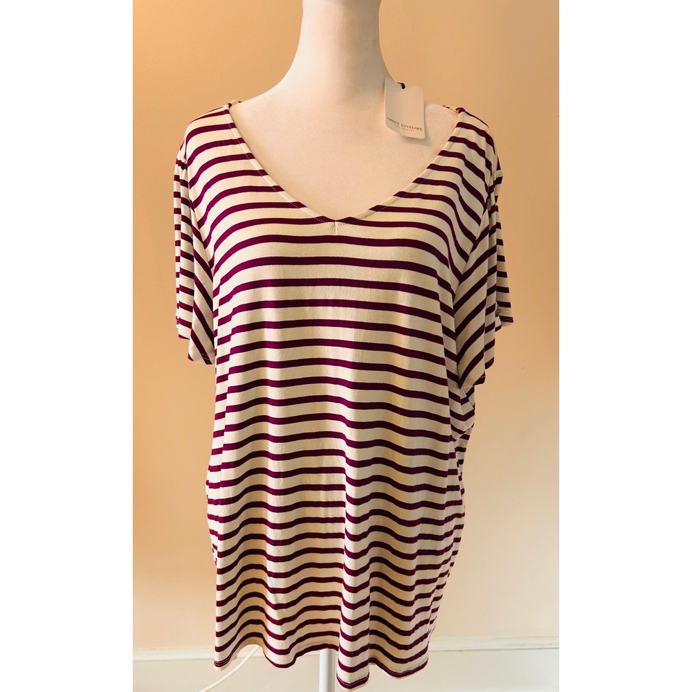 NWT Green Envelope Womens 2X Burgundy/White Striped V Neck T Shirt Top